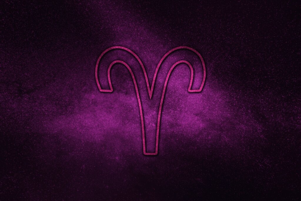 Ilustração roxa do símbolo de áries com fundo roxo brilhante