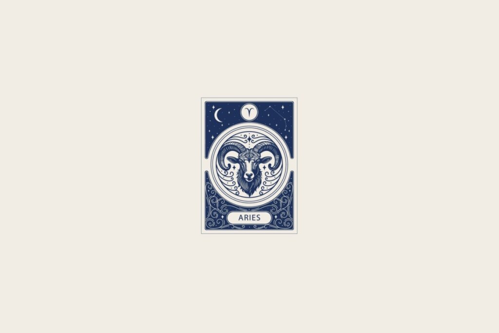 Ilustração do signo de Ãries em azul dentro de uma carta e com fundo bege-claro