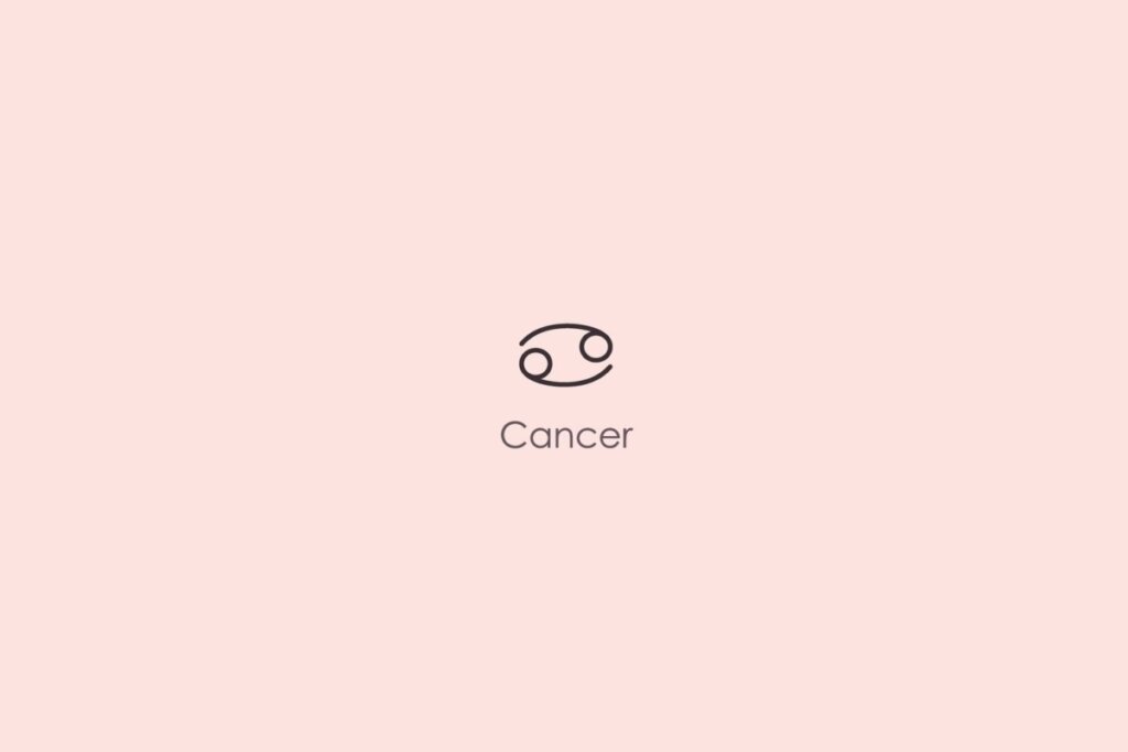 Ilustra&ccedil;&atilde;o do s&iacute;mbolo e nome do signo de c&acirc;ncer em ingl&ecirc;s em fundo rosa