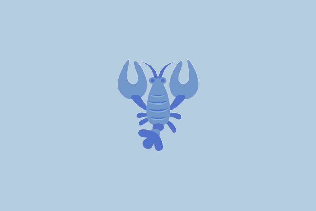 Ilustração do signo Câncer, com um caranguejo azul de pinças levantadas, sobre fundo azul-claro