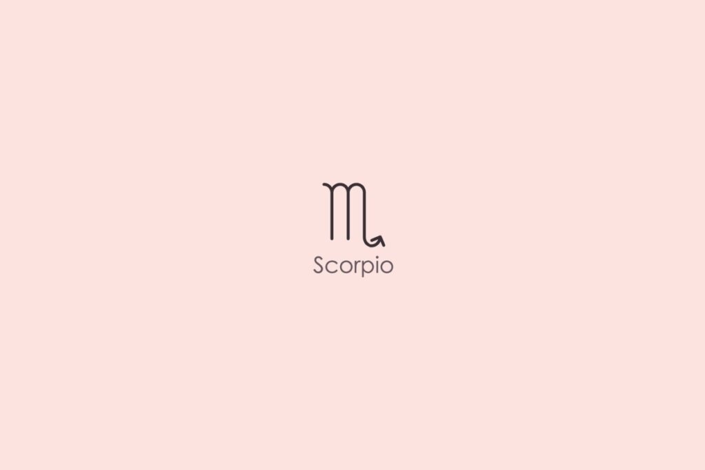 Ilustra&ccedil;&atilde;o do s&iacute;mbolo e nome do signo de escorpi&atilde;o em ingl&ecirc;s em fundo rosa