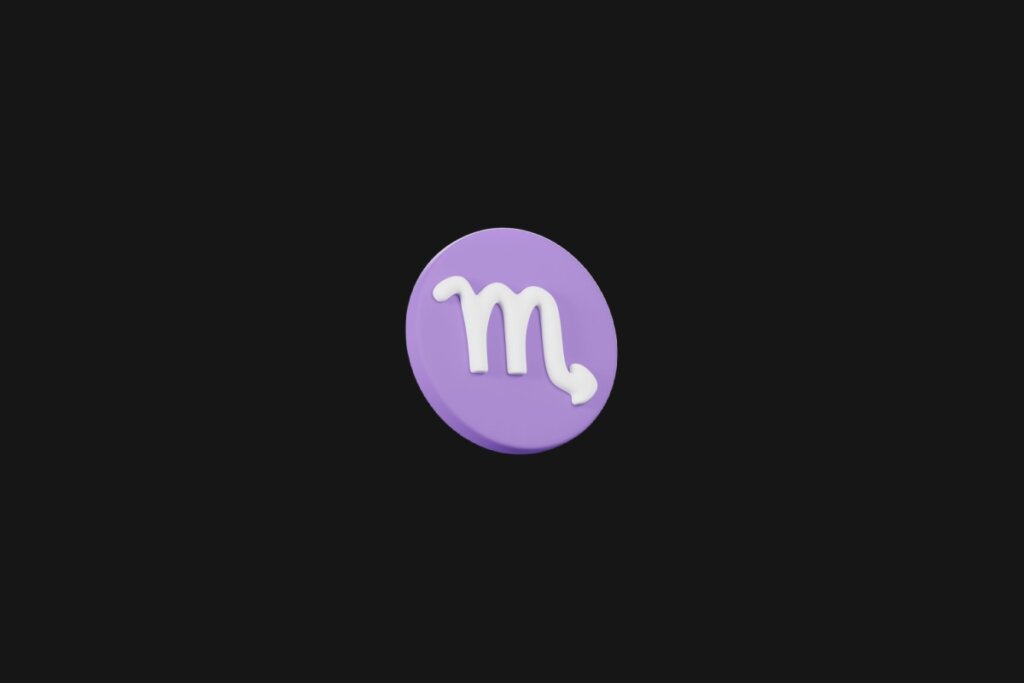 Ilustração do signo de escorpião em um círculo roxo e em cima de um fundo preto
