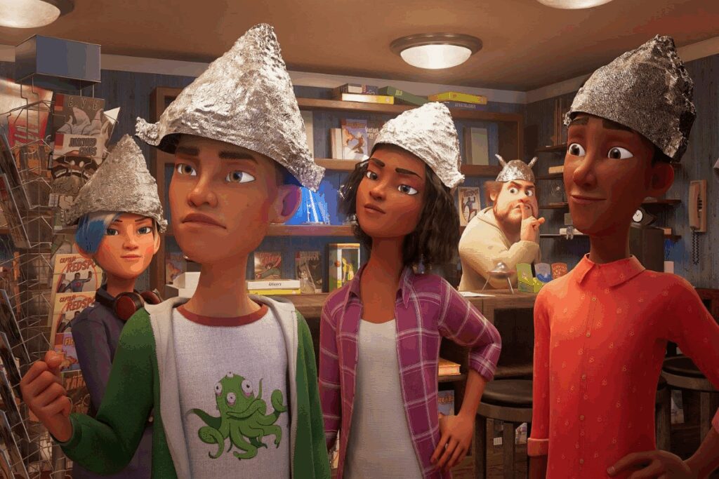 IlustraÃ§Ã£o de um grupo de pessoas usando roupas cotidianas com chapÃ©us feitos de papel alumÃ­nio