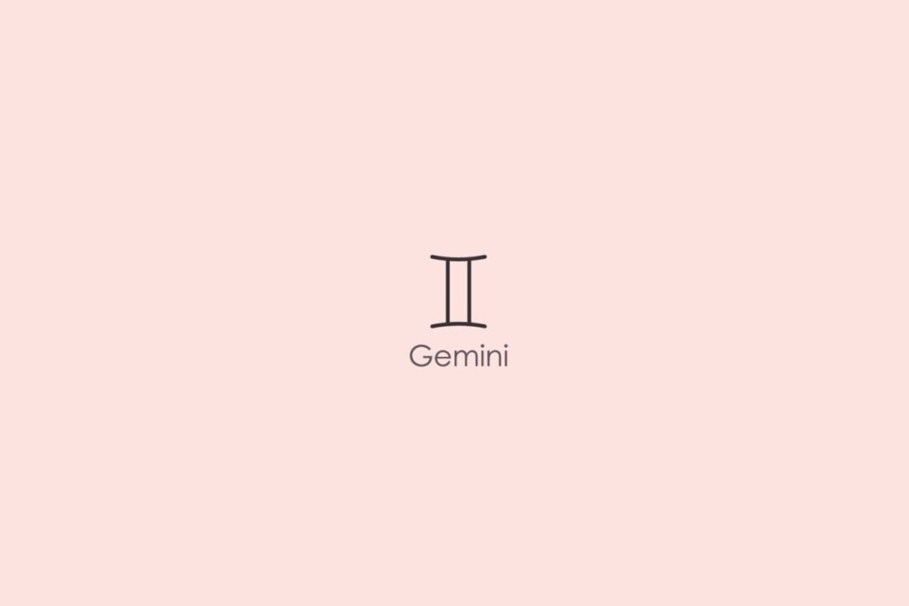 Ilustra&ccedil;&atilde;o do s&iacute;mbolo e nome do signo de g&ecirc;meos em ingl&ecirc;s em fundo rosa