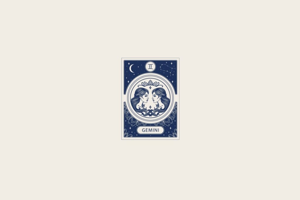 Ilustração do signo de Gêmeos em azul dentro de uma carta e com fundo bege-claro