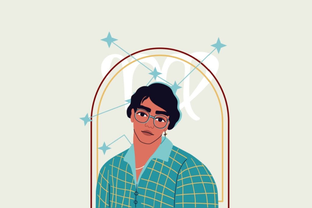 Retrato de um homem jovem e bonito. O rapaz tem cabelo preto e camisa azul. SÃ­mbolo do signo de Virgem ao fundo