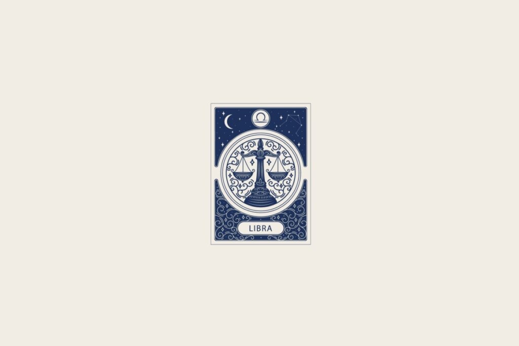 Ilustração do signo de Libra em azul dentro de uma carta e com fundo bege-claro