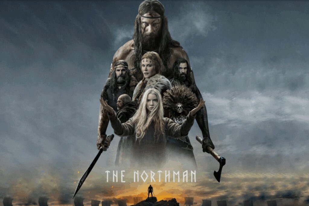 Cartaz de "O Homem do Norte" com guerreiros vikings em destaque sob céu nublado