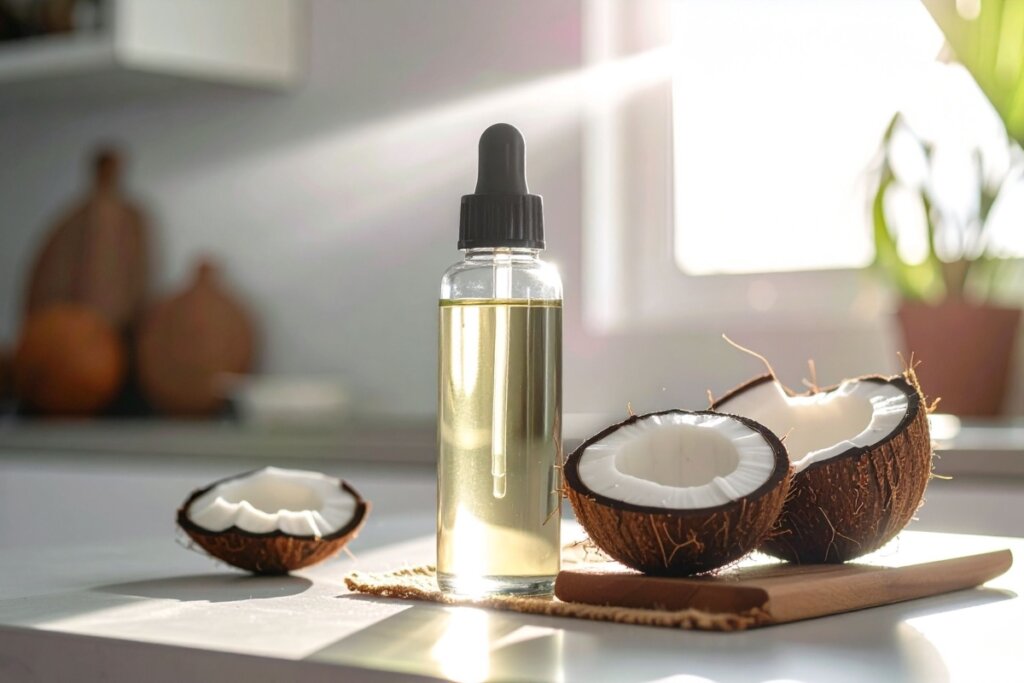 Frasco com conta-gotas contendo Ã³leo de coco, posicionado ao lado de cocos partidos sobre uma tÃ¡bua, com luz natural incidindo pela janela