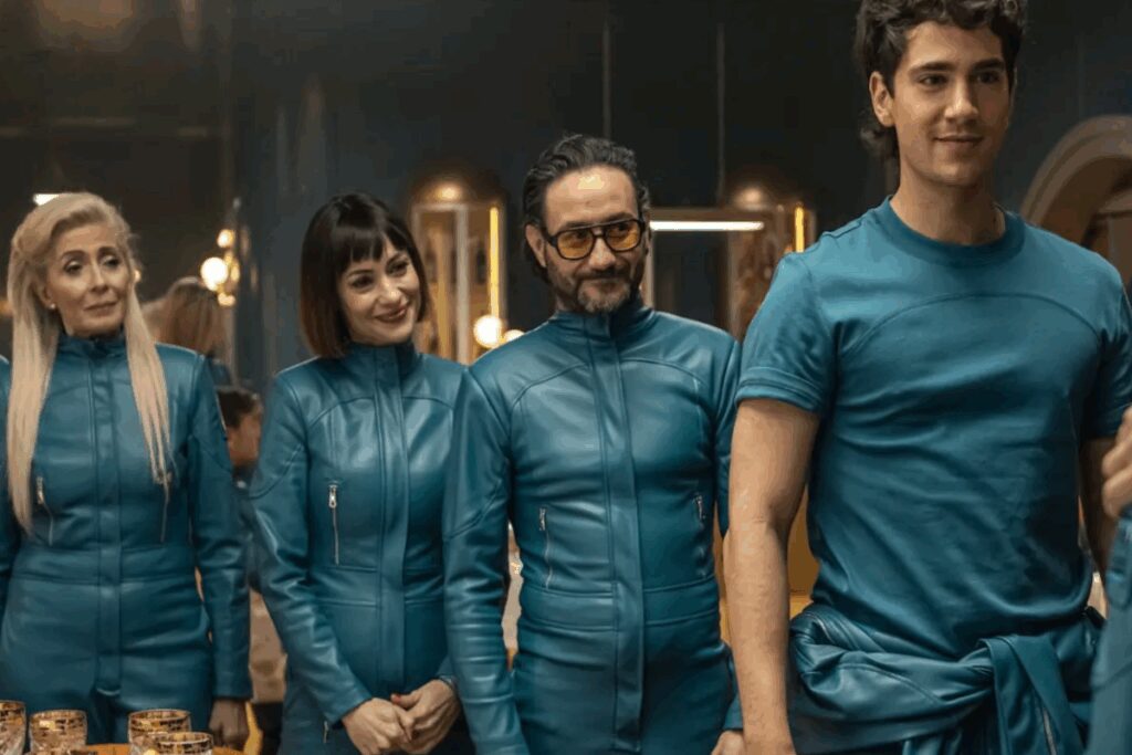 Quatro personagens vestindo uniformes azuis em um ambiente fechado iluminado