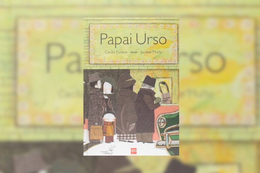 Capa do livro "Papai Urso" com a ilustraÃ§Ã£o de homens andando na rua
