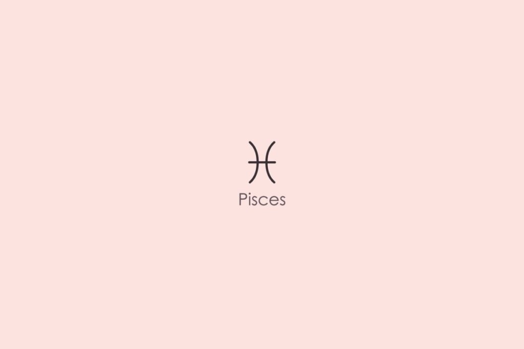 Ilustra&ccedil;&atilde;o do s&iacute;mbolo e nome do signo de peixes em ingl&ecirc;s em fundo rosa
