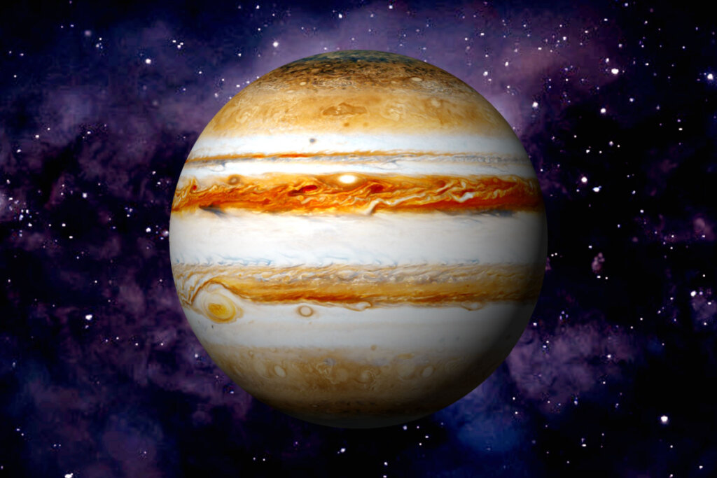IlustraÃ§Ã£o de JÃºpiter em um espaÃ§o com fundo roxo e estrelas