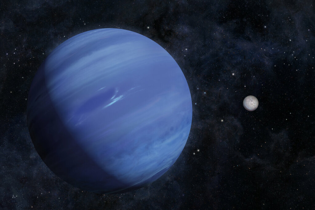 IlustraÃ§Ã£o do planeta Netuno em azul no espaÃ§o com estrelas