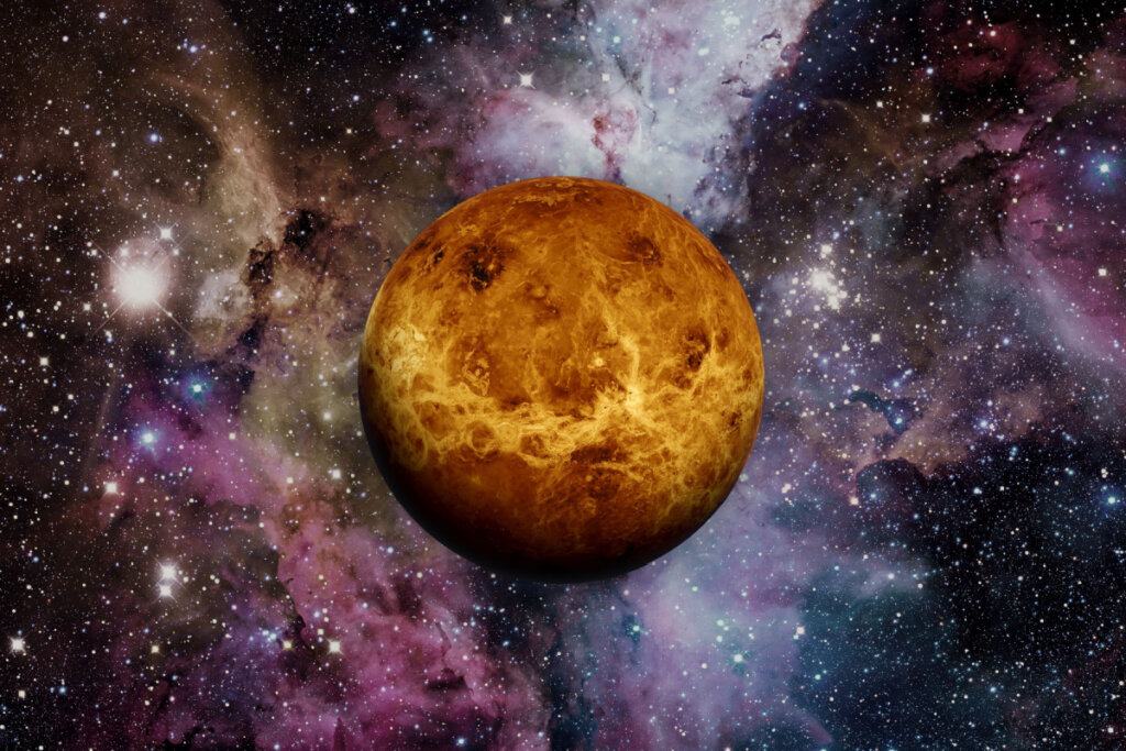 Planeta VÃªnus alaranjado em sistema solar colorido