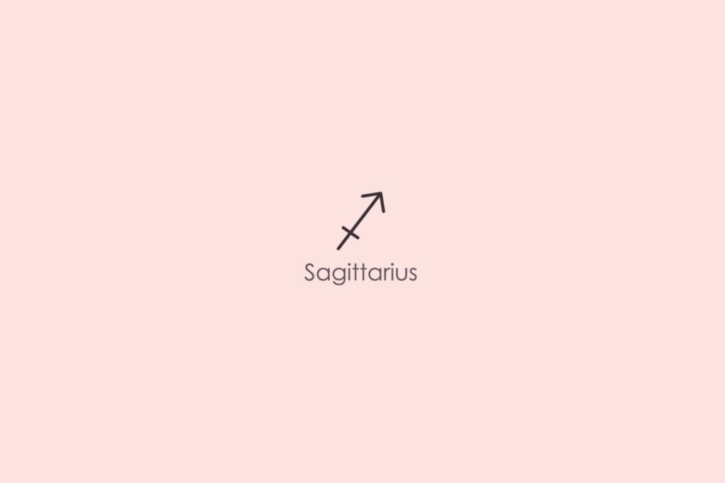 Ilustra&ccedil;&atilde;o do s&iacute;mbolo e nome do signo de sagit&aacute;rio em ingl&ecirc;s em fundo rosa