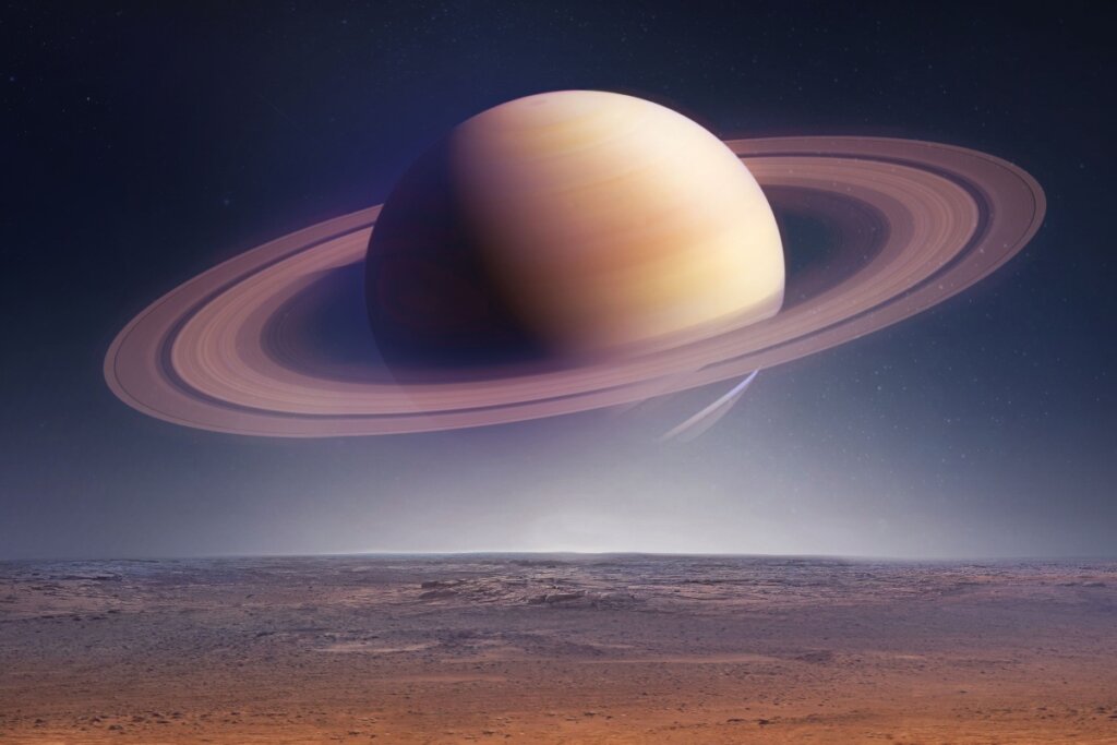 Paisagem com planeta saturno no cÃ©u com estrelas