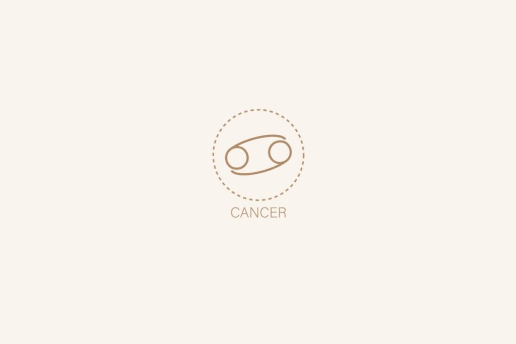 Ilustração do sÃmbolo e nome em inglês do signo de câncer em um fundo bege