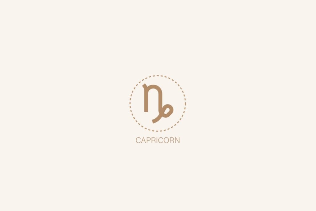 Ilustração do sÃmbolo e nome em inglês do signo de capricórnio em um fundo bege
