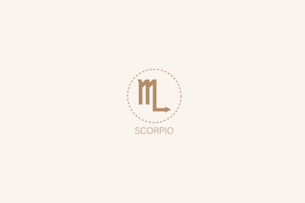 Ilustração do sÃmbolo e nome em inglês do signo de escorpião em um fundo bege