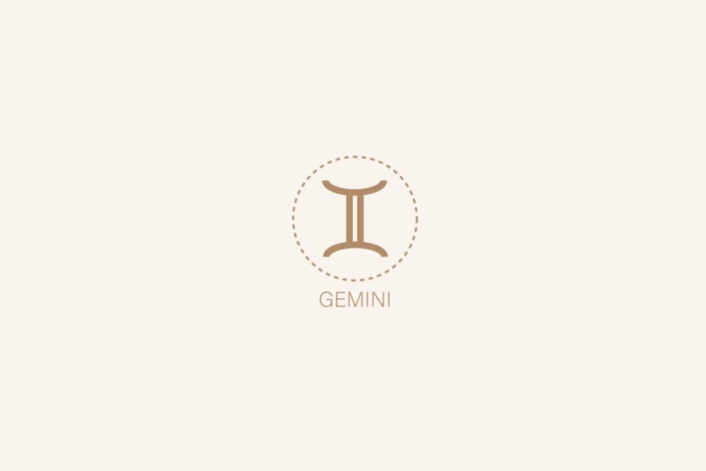 Ilustração do sÃmbolo e nome em inglês do signo de gêmeos em um fundo bege