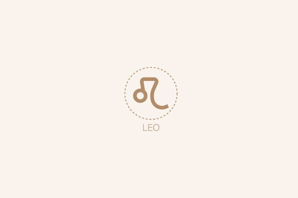 Ilustração do sÃmbolo e nome em inglês do signo de leão em um fundo bege