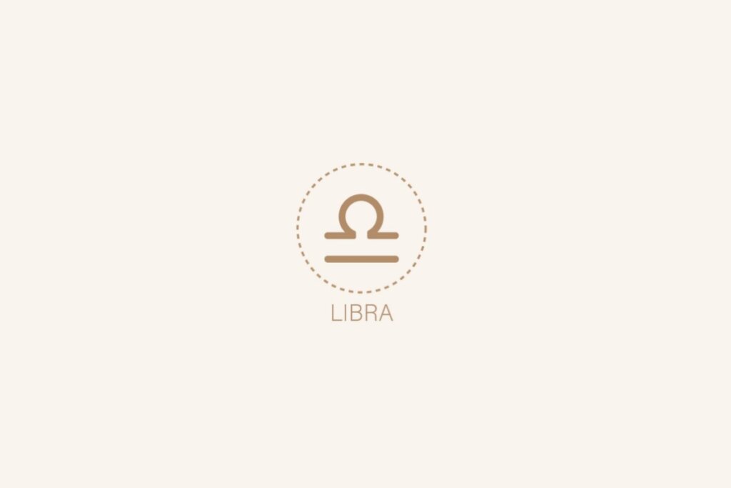 Ilustração do sÃmbolo e nome em inglês do signo de libra em um fundo bege