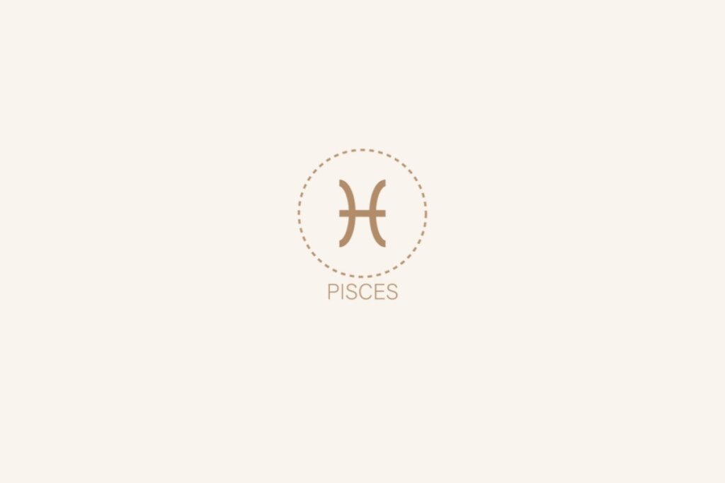 Ilustração do sÃmbolo e nome em inglês do signo de peixes em um fundo bege