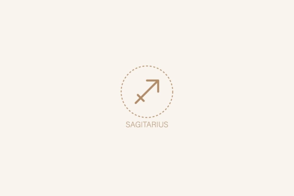 Ilustração do sÃmbolo e nome em inglês do signo de sagitário em um fundo bege