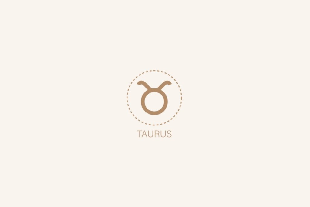Ilustração do sÃmbolo e nome em inglês do signo de touro em um fundo bege