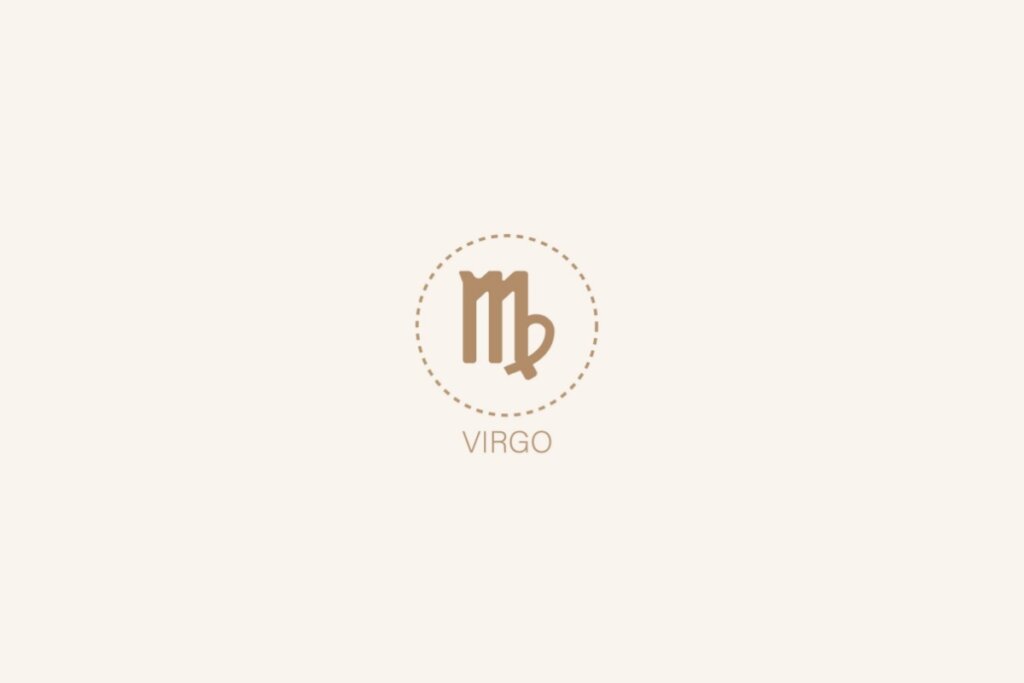 Ilustração do sÃmbolo e nome em inglês do signo de virgem em um fundo bege