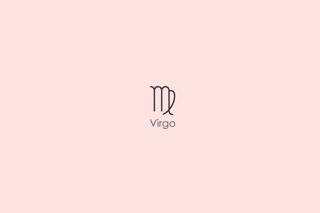 Ilustra&ccedil;&atilde;o do s&iacute;mbolo e nome do signo de virgem em ingl&ecirc;s em fundo rosa