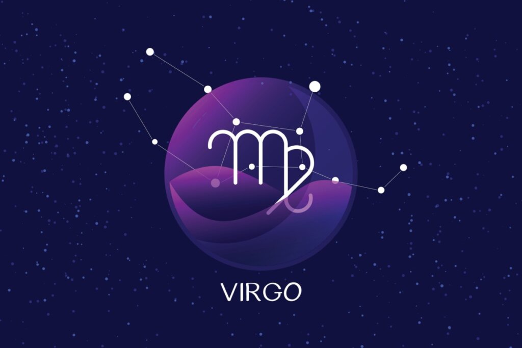 SÃ­mbolo do signo de Virgem em branco e escrito virgo em cÃ­rculo roxo em fundo roxo escuro