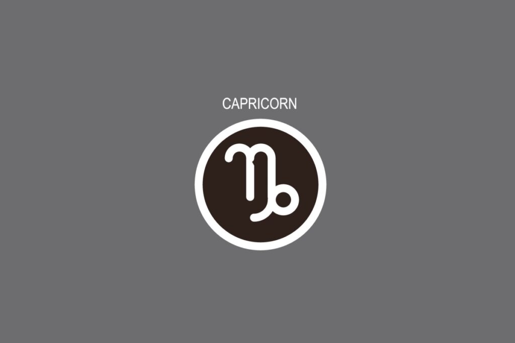 Ilustração do signo de Capricórnio, contendo o sÃmbolo em forma de “N†com curva inferior, em fundo cinza