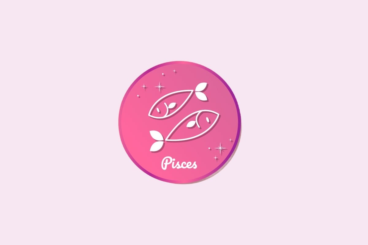 Ilustração do signo de Peixes, contendo dois peixes em direções opostas, em fundo rosa