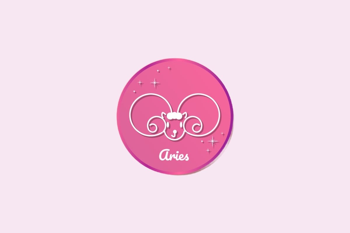 Ilustração do signo de Áries, em fundo rosa-claro, contendo o símbolo de um carneiro com chifres grandes e enrolados