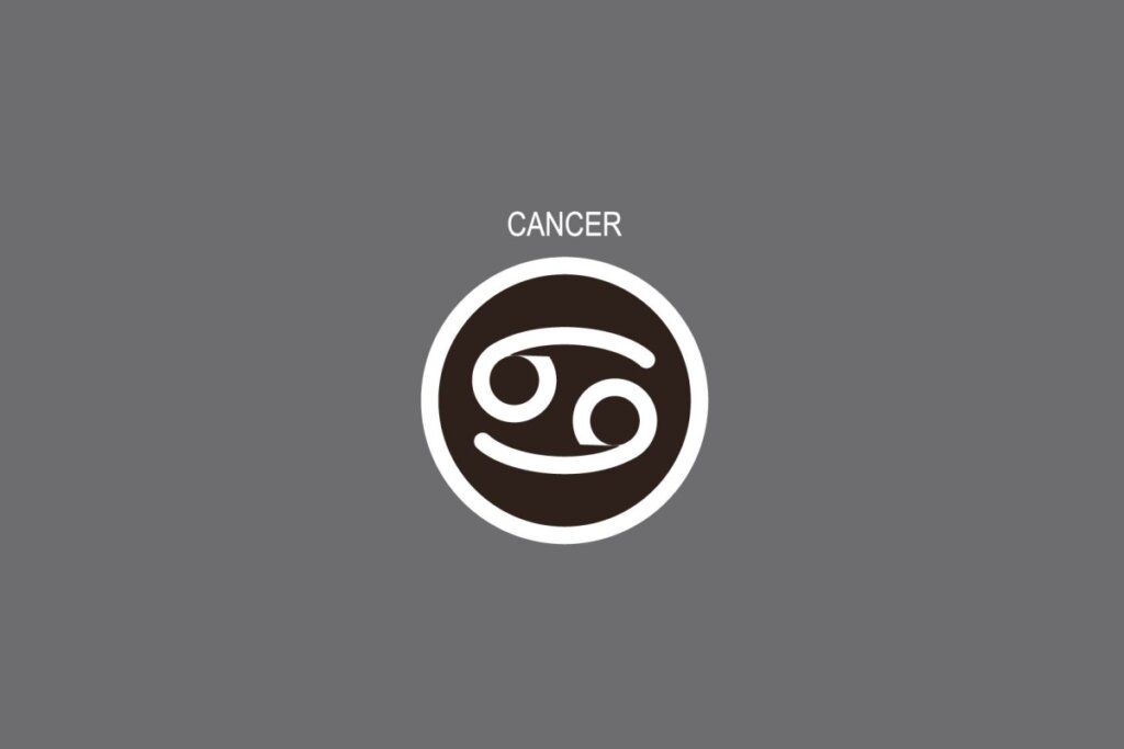 Ilustração do signo de Câncer, contendo o sÃmbolo de duas curvas opostas que lembram caranguejo estilizado, em fundo cinza