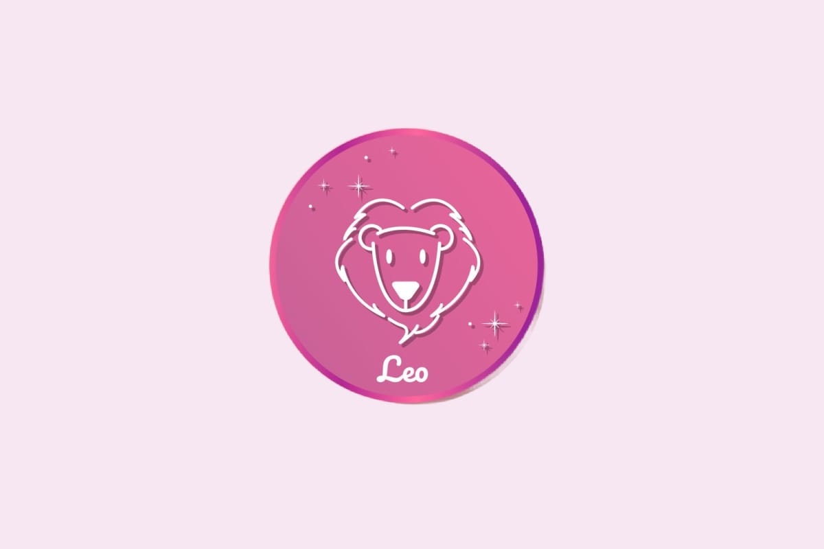 Ilustração do signo de Leão, em fundo rosa, contendo o símbolo de uma cabeça de leão com juba arredondada e orelhas pequenas