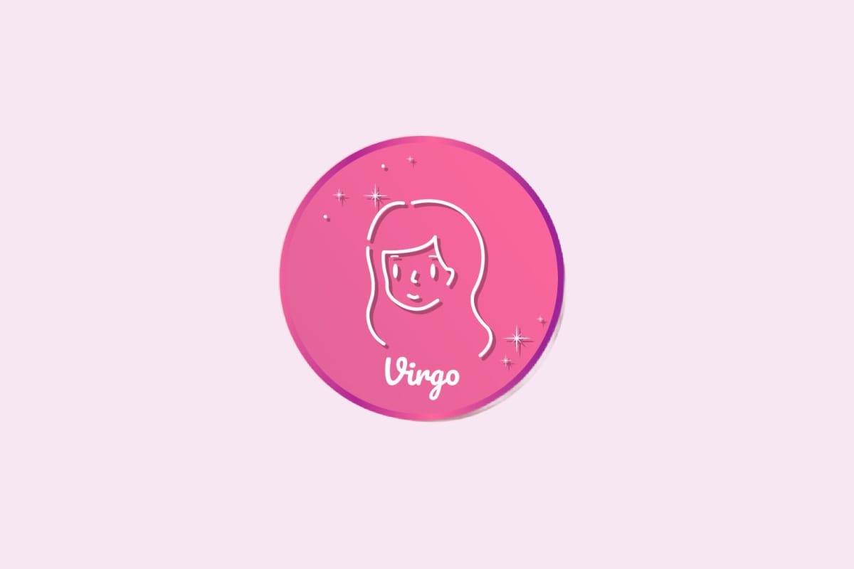 Ilustração do signo de Virgem, em fundo rosa, contendo o símbolo de um rosto feminino com cabelos ondulados