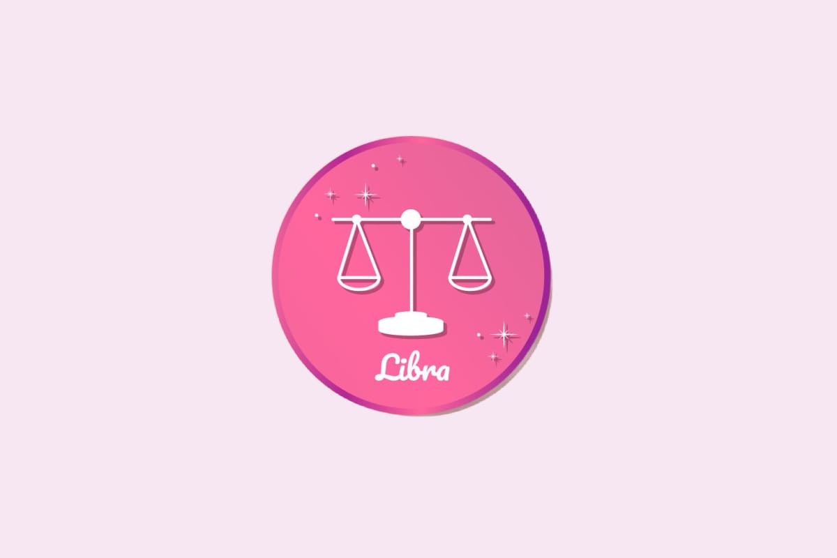 Ilustração do signo de Libra, em fundo rosa, contendo o símbolo de uma balança com dois pratos equilibrados e haste central