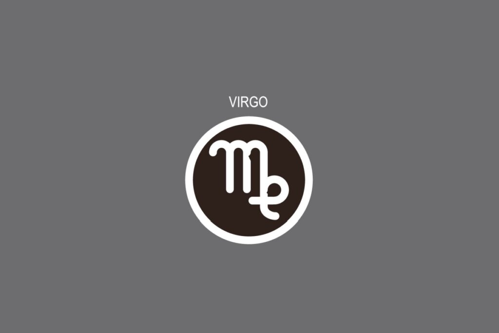 Ilustração do signo de Virgem, contendo o sÃmbolo em formato de “M†com laço lateral, em fundo cinza