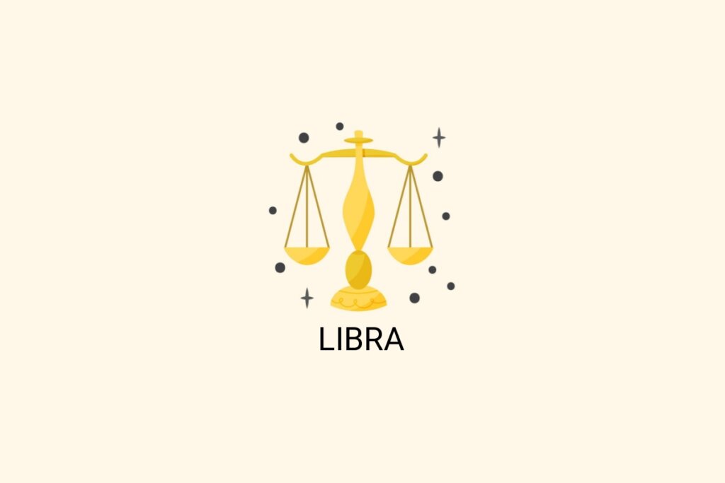 IlustraÃ§Ã£o do signo de Libra, em fundo bege-claro, contendo uma balanÃ§a amarela equilibrada