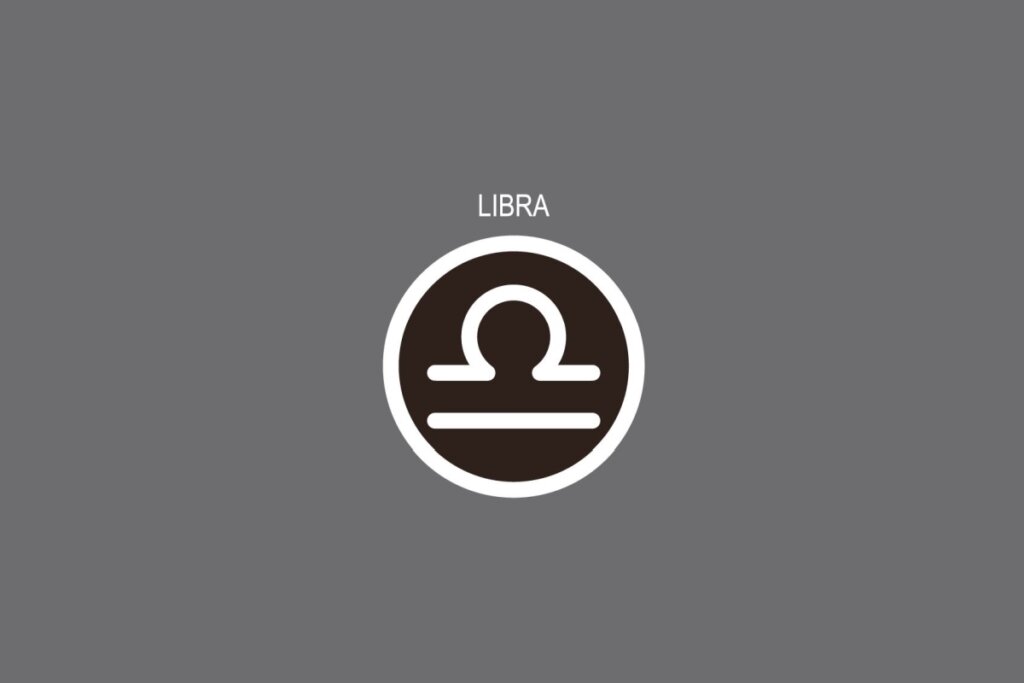 Ilustração do signo de Libra, contendo o sÃmbolo com uma linha reta e um semicÃrculo acima, em fundo cinza