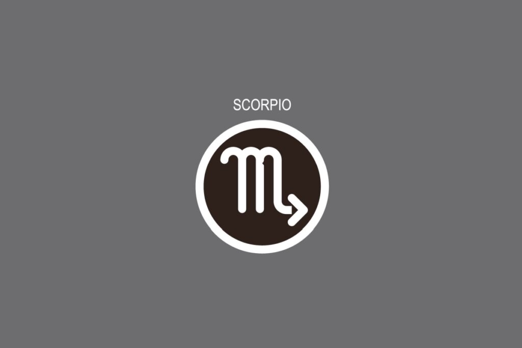 Ilustração do signo de Escorpião, contendo o sÃmbolo em formato de “M†com seta final, em fundo cinza