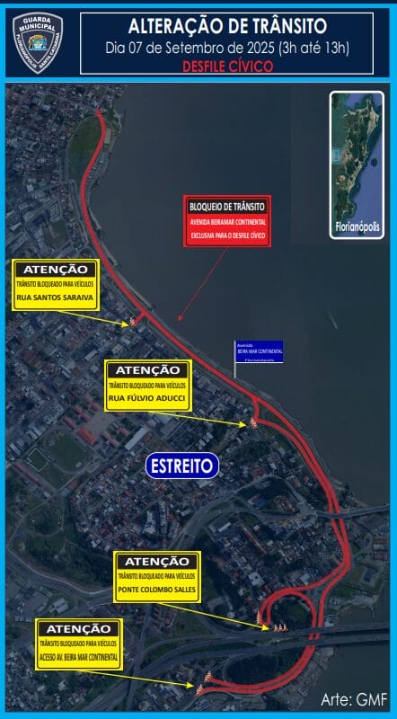 Esquema de alteração de trânsito para o feriado de sete de setembro das 3h até 13h