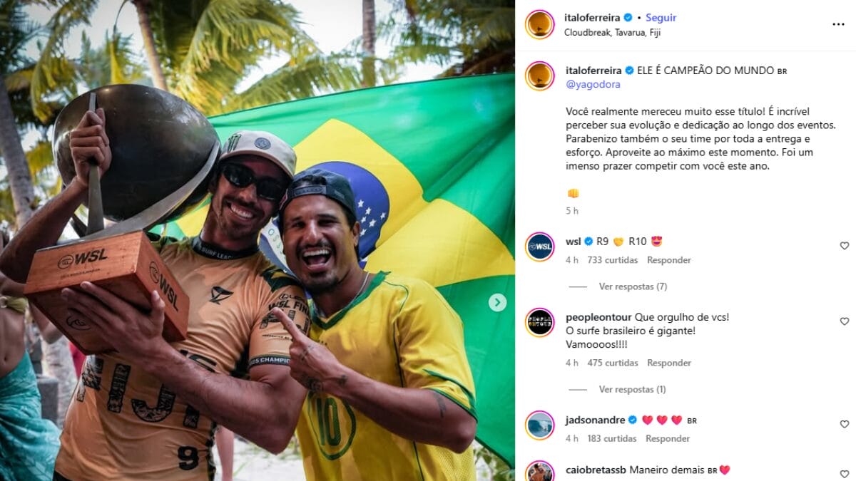 Campeões parabenizam Yago Dora por 1º título no Mundial de Surfe