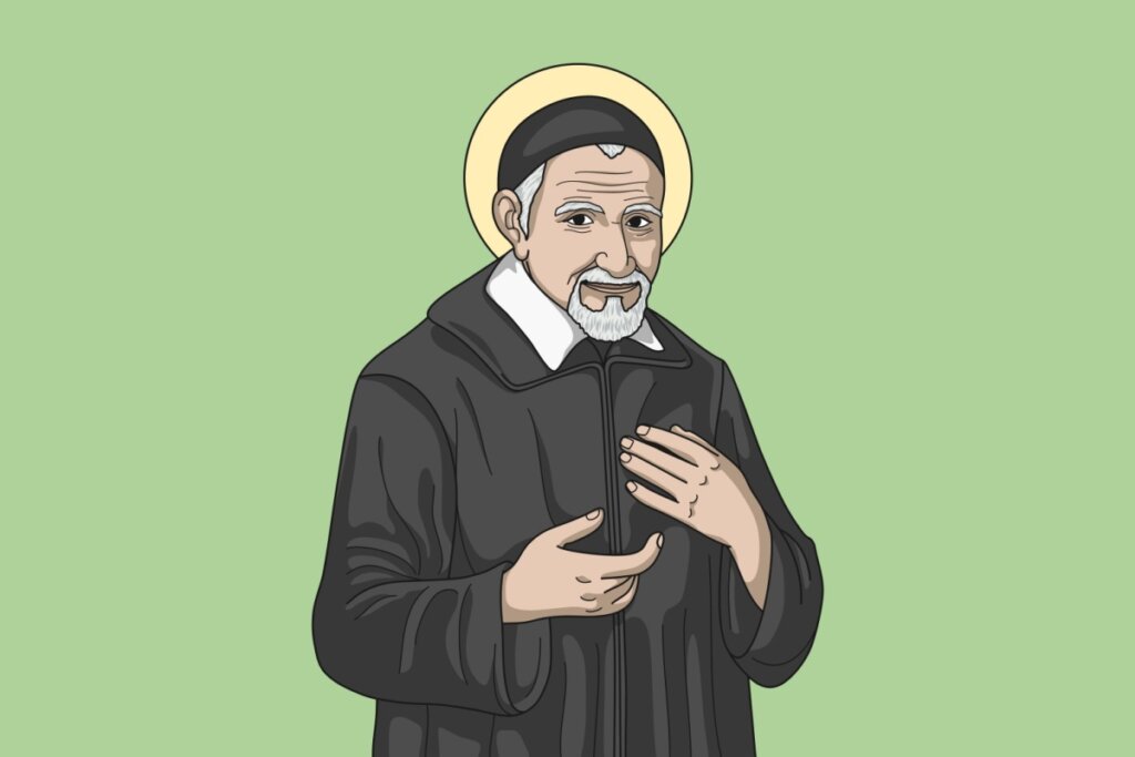 IlustraÃ§Ã£o de SÃ£o Vicente de Paulo em um fundo verde usando batina preta