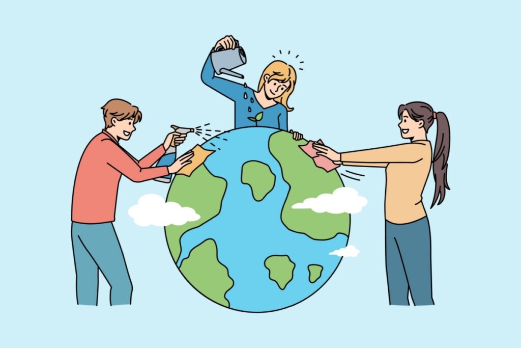 IlustraÃ§Ã£o de trÃªs pessoas cuidando do planeta, uma estÃ¡ limpando, outra regando uma planta e outra passando um pano