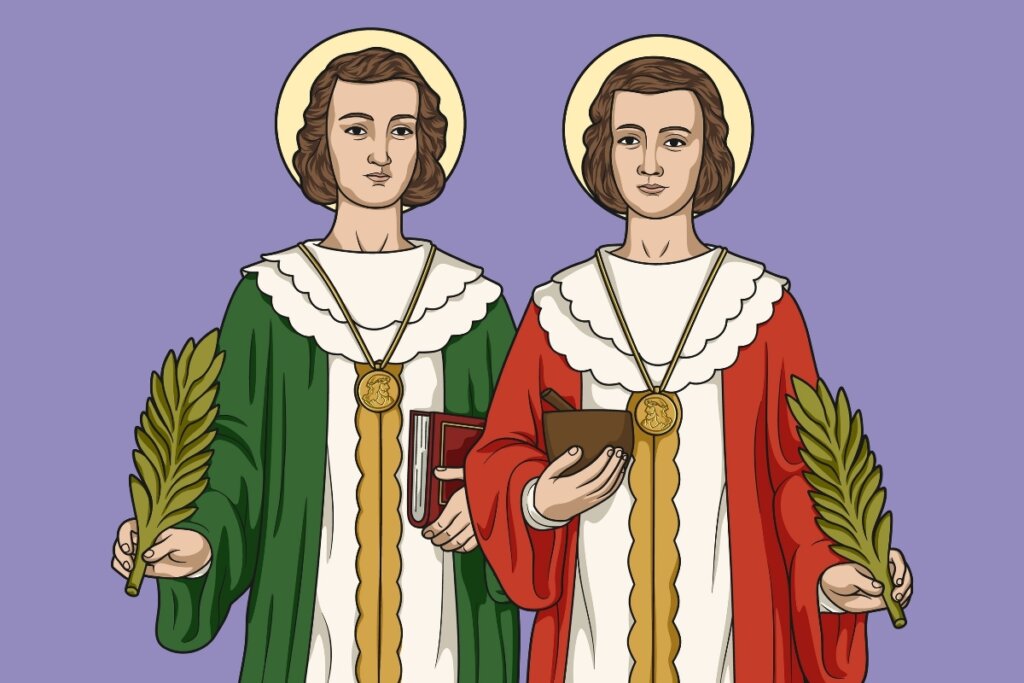 IlustraÃ§Ã£o de SÃ£o Cosme e DamiÃ£o em um fundo roxo