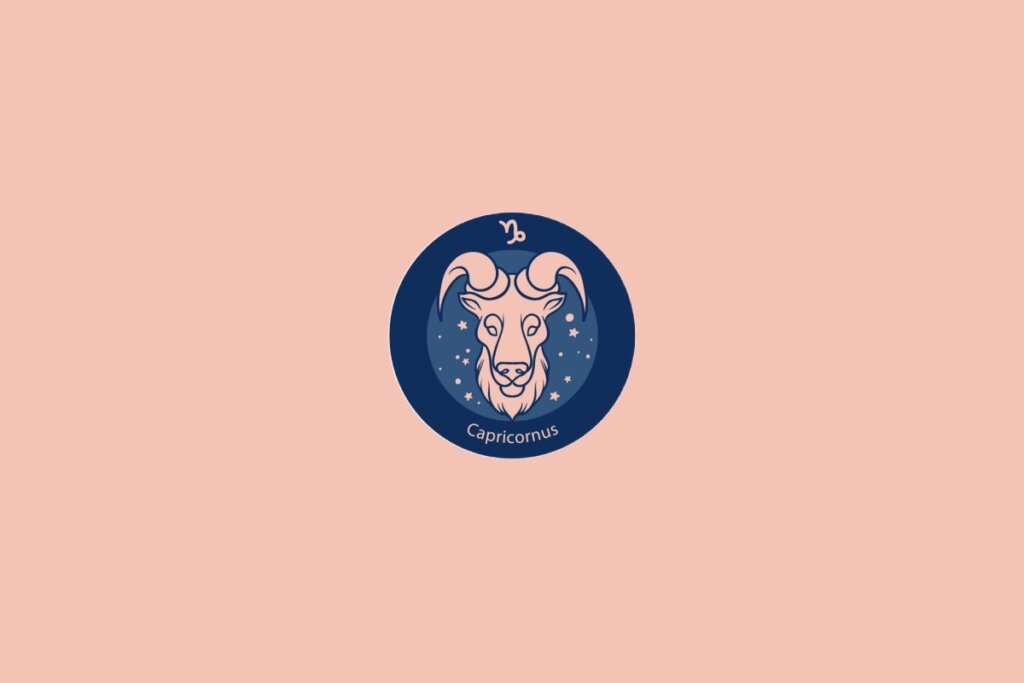 Ilustração do signo de Capricórnio com a figura de uma cabra com chifres robustos em fundo azul com estrelas e fundo rosa
